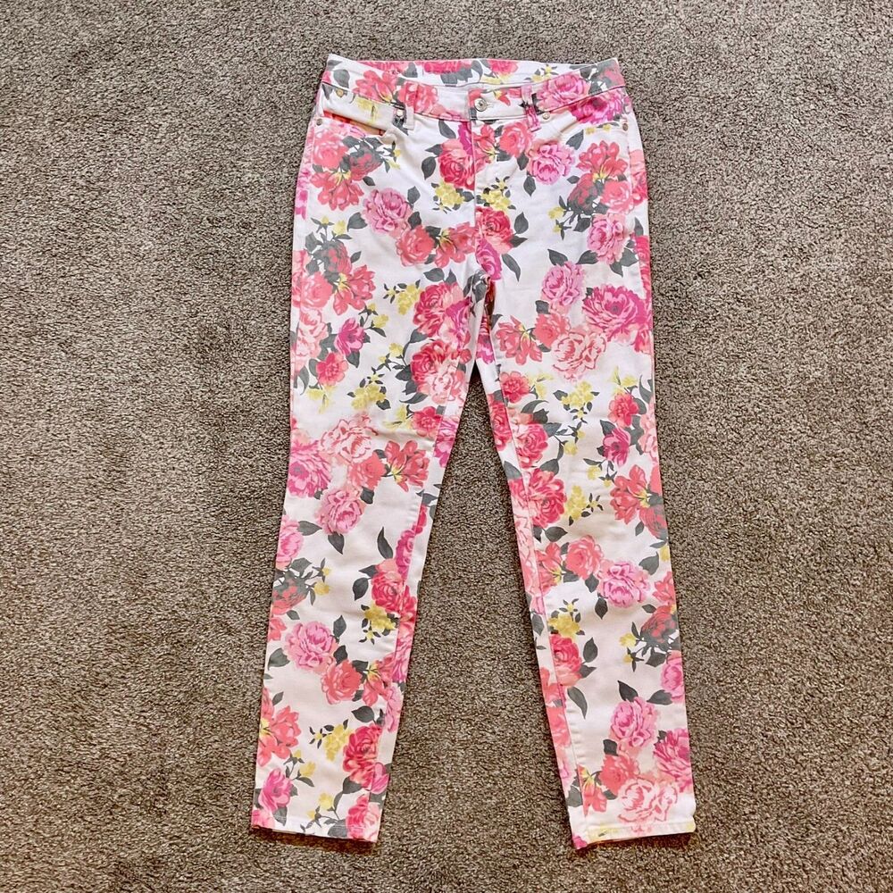 Talbots Slim Ankle Jeans Floral Size 6 Stretch‎ Denim White Pink Yellow EUC